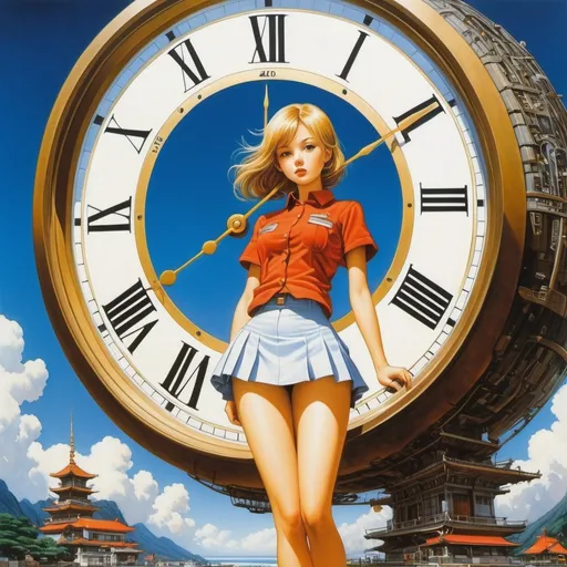 Prompt: Olga Siemaszko, Henriette Willebeek le Mair, Pawel Pawlak, katsuhiro Otomo, Surrealism, wonder, strange, fantastical, fantasy, Sci-fi, Japanese anime, invention of the miniskirt beautiful girl, perfect voluminous body, structure of time, dream time, philosophical time, clock as an object, detailed masterpiece 