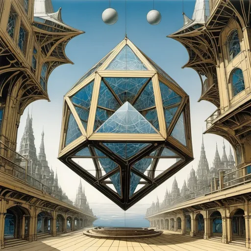 Prompt: Lebbeus Woods, Francois Schuiten, Jacques Tardi,Herman Huppen, Surreal, mysterious, strange, fantastical, fantasy, Sci-fi, Japanese anime, blueprints of fantasy architecture, perspective blueprints, perspective drawings and cross-sections, glass models, geometric solids, tetrahedron, cube (hexahedron), octahedron, icosahedron , dodecahedron, and sphere: Alice, a beautiful blonde miniskirt girl, perfect voluminous body, detailed masterpiece 