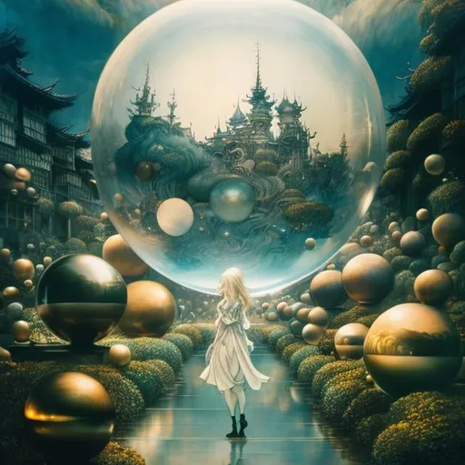 Prompt: James Jean, Arthur Rackham, Surreal, mysterious, strange, fantastical, fantasy, Sci-fi, Japanese anime, landscape lined with large hourglasses, glass bottles, and spheres, beautiful blonde miniskirt girl Alice, detailed masterpiece 