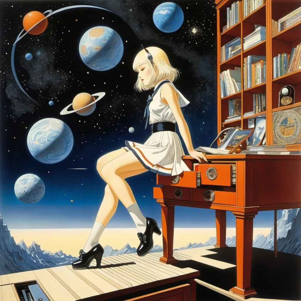 Prompt: Kay Nielsen, Gary Chaloner, katsuhiro Otomo, El Lissitzky, Eric Jolliffe, Surrealism, wonder, strange, bizarre, fantasy, Sci-fi, Japanese anime, wind-up train headed for Mars, beautiful high school girl in a miniskirt opens desk drawer and looks down into galaxy, perfect voluminous body, detailed masterpiece 