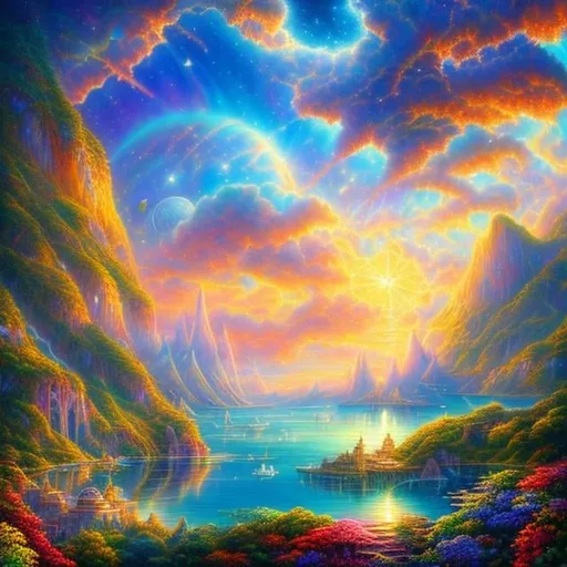 Prompt: John Stephens style, floating island, rays of light, flying machines, ocean, sky full of galaxy, surreal, sketch and water colour, hyperdetailed high resolution high definition high quality masterpiece 