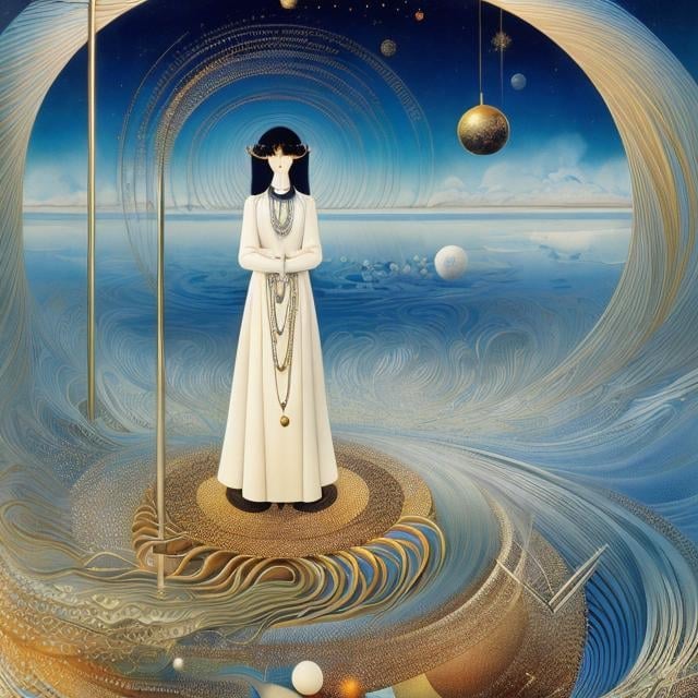 Prompt: Kay Nielsen, A E Marty, Surreal, mysterious, strange, fantastical, fantasy, Sci-fi, Japanese anime, celestial model of the solar system, automatic mechanism, beautiful blonde miniskirt girl Alice, perfect voluminous body, Foucault's pendulum, hyper detailed masterpiece high resolution definition quality, 