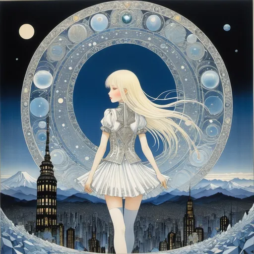 Prompt: Kay Nielsen, Aquirax Uno, Ruth Reeves, Yuko Higuchi, Peter Howson, Surrealism, strange, bizarre, fantastical, fantasy, Sci-fi, Japanese anime, blueprints and machines of the night, crystal prisms of transparent darkness, Tokyo, the city where moonlight passes through, reflects, and refracts, miniskirt blonde beautiful girl Alice, perfect voluminous body, detailed masterpiece