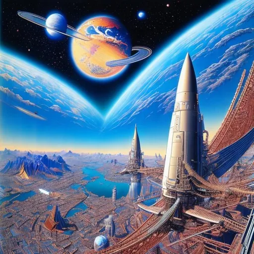 Prompt: Jean Giraud, Noriyoshi Ohrai, Surreal, mysterious, strange, fantastical, fantasy, Sci-fi, Japanese anime, maiden who sews the bridges of the night, perfect voluminous body, curtain of moon and stars, flowing galaxy, space station, detailed masterpiece bird’s eye view perspectives
