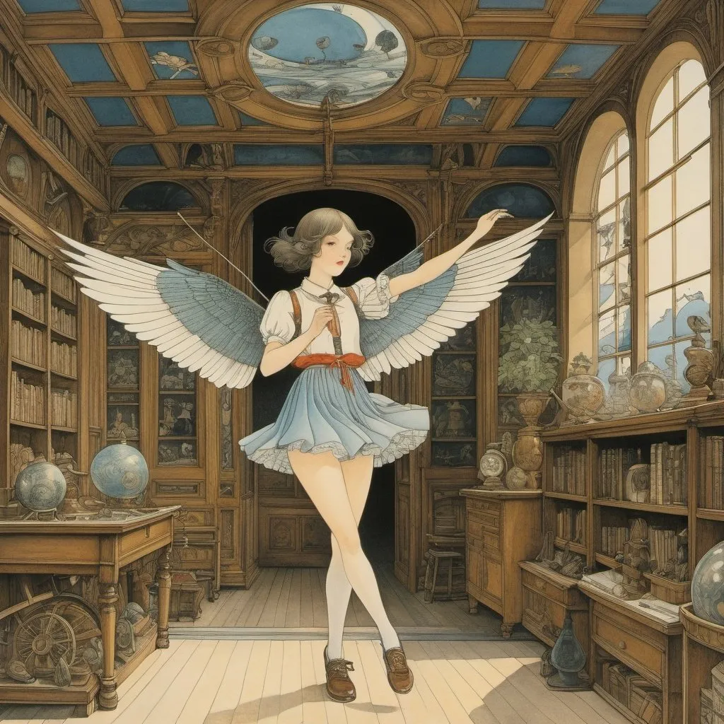 Prompt: Jan Švankmajer, Anton Pieck, George Barbier, Surrealism, mysterious, bizarre, bizarre, fantasy, Sci-fi, Japanese anime, miniskirt beautiful high school girl who spins fibers of darkness, perfect voluminous body, myth, fairy tale, parody, but flying is easy, detailed masterpiece bird’s eye views 