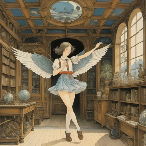 Prompt: Jan Švankmajer, Anton Pieck, George Barbier, Surrealism, mysterious, bizarre, bizarre, fantasy, Sci-fi, Japanese anime, miniskirt beautiful high school girl who spins fibers of darkness, perfect voluminous body, myth, fairy tale, parody, but flying is easy, detailed masterpiece bird’s eye views 