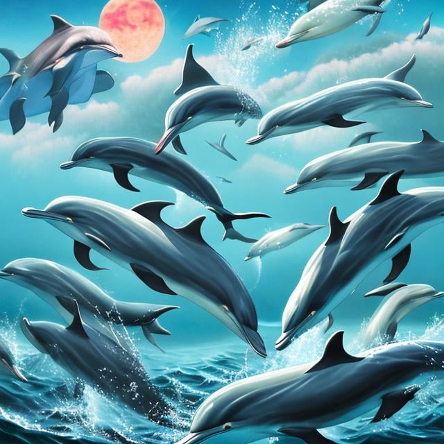 Prompt: Japanese school girl free falling, moon tide, flock of dolphins, surreal strange weird wonderful sci-fi fantasy, hy high resolution high quality high definition masterpiece 