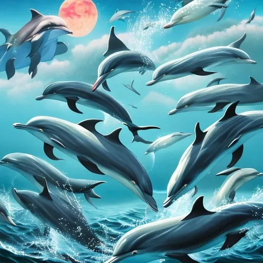 Prompt: Japanese school girl free falling, moon tide, flock of dolphins, surreal strange weird wonderful sci-fi fantasy, hy high resolution high quality high definition masterpiece 