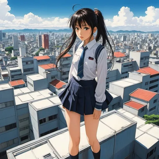Prompt: Jared French, Keiko Takemiya, Surreal, mysterious, strange, fantastical, fantasy, sci-fi, Japanese anime, central Tokyo, view from the roof of a building, countless beds floating in the air on the wind, beautiful high school girl in a miniskirt looking from the rooftop, perfect voluminous body, detailed masterpiece 