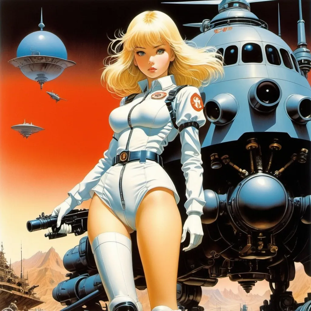 Prompt: Katsuhiro Otomo, Naoyuki Kato, Bruce Pennington, Surreal, mysterious, strange, fantastical, fantasy, sci-fi, Japanese anime, beautiful blonde girl Alice in mechanical combat uniform, perfect voluminous body, destination is the underground world, detailed masterpiece action dynamic 