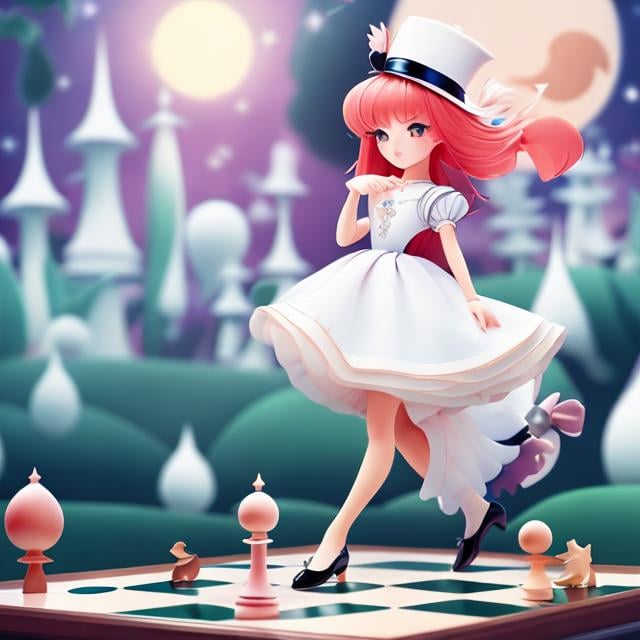 Prompt: Chiho Saito, Georges Lepape, Surreal, mysterious, strange, fantastical, fantasy, Sci-fi, Japanese Anime, walking teacup, broken moon, chess, blonde miniskirt beautiful girl Alice, perfect voluminous body, detailed masterpiece 