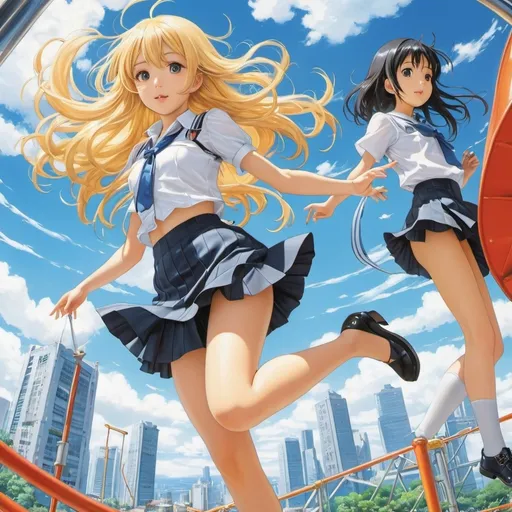 Prompt: Tsuruko Yamazaki, Keiko Minami, Yuko Higuchi, Yuu Watase, Sachiko Kamimura, Surrealism, Mystery, Strange, Outlandish, Fantasy, Sci-fi, Japanese Anime, Illustrated encyclopedia of floating creatures in the liquid glass sky, Playground called the City, Blonde miniskirt beautiful girl Alice, having fun, perfect voluminous body, detailed masterpiece 