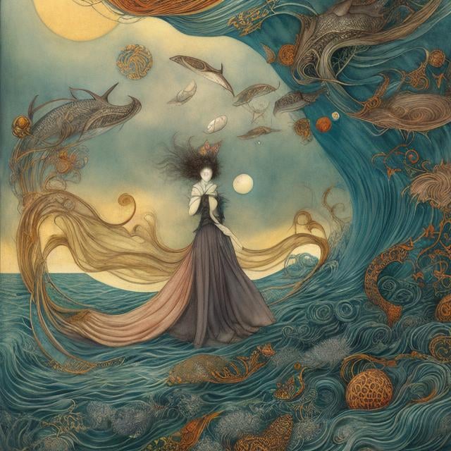 Prompt: Leonora Carrington, Arthur Rackham, Erte, Ukiyo-e, Japanese anime, surreal, mysterious, bizarre, bizarre, fantasy, sci-fi fantasy, ocean in a cup, whale jumping, astronomical observation, autumn girl, hyper detailed, high resolution high definition high quality masterpiece 