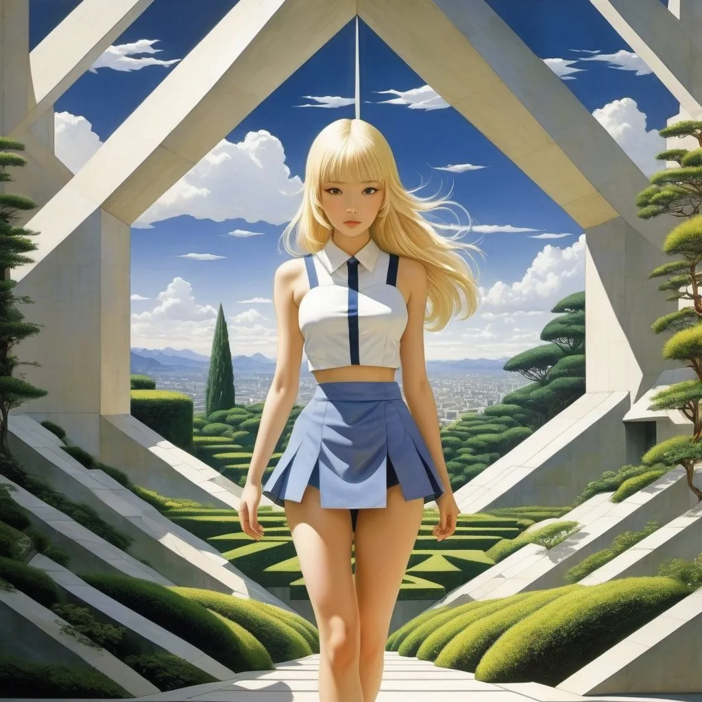 Prompt: Louis Kahn, Hiroko Utsumi, Surreal, mysterious, bizarre, fantastical, fantasy, Sci-fi, Japanese anime. Despots, kings, and architects who boldly construct magnificent geometric gardens. Prove the movement of celestial bodies through geometry. Using perspective drawing to create a trinity of three-dimensional space. Expression: Blonde miniskirt beautiful girl Alice, perfect voluminous body, detailed masterpiece 