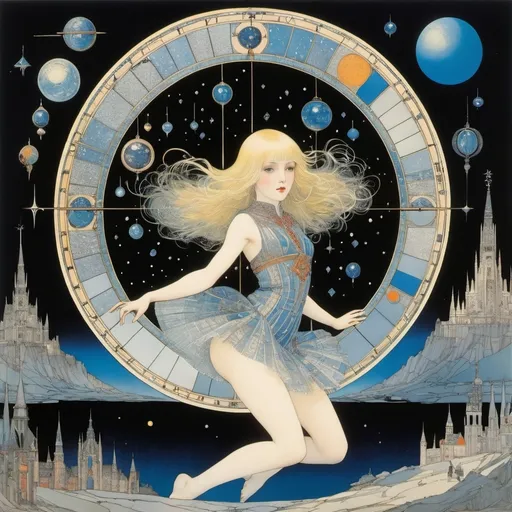 Prompt: Harry Clarke, Mirko Hanák, George Barbier, Adolfo Hohenstein, Mitsukazu Mihara, Surrealism, wonder, strange, fantastical, fantasy, Sci-fi, Japanese anime, the center of the sky of pendulums and prisms, where science explains the world, the hemisphere of Magdeburg, the beautiful blonde miniskirt girl Alice loves experiments, perfect voluminous body, detailed masterpiece 