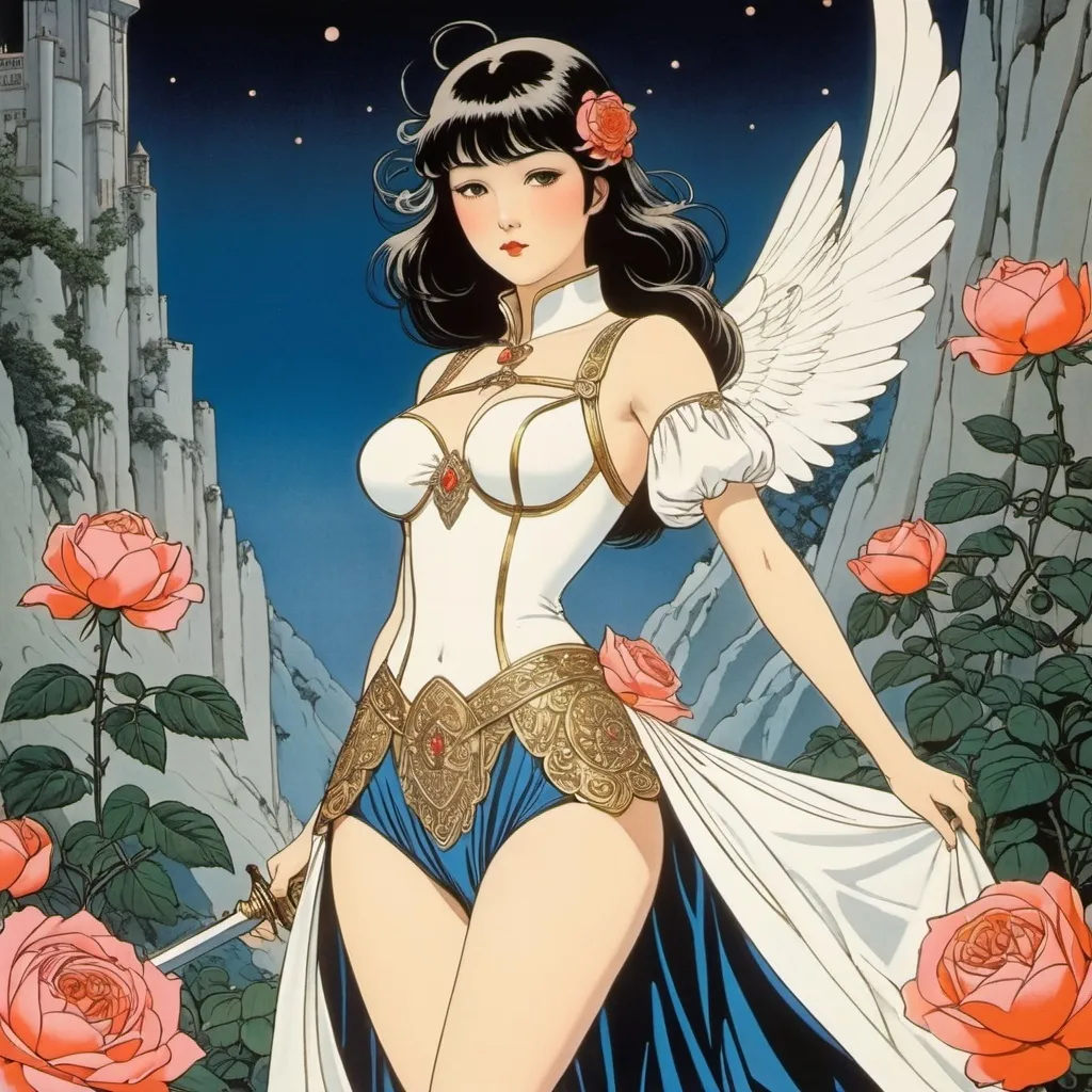 Prompt: George Barbier, John Held, Jr, Aimée de Jongh, Chiho Saito, Cecile Walton, Surrealism Mysterious Weird Fantastic Fantasy Sci-fi, Japanese Anime, The Tale of the Rose and the Sword Various Stones Mini Skirt Beautiful Female Knight, perfect voluminous body, detailed masterpiece 