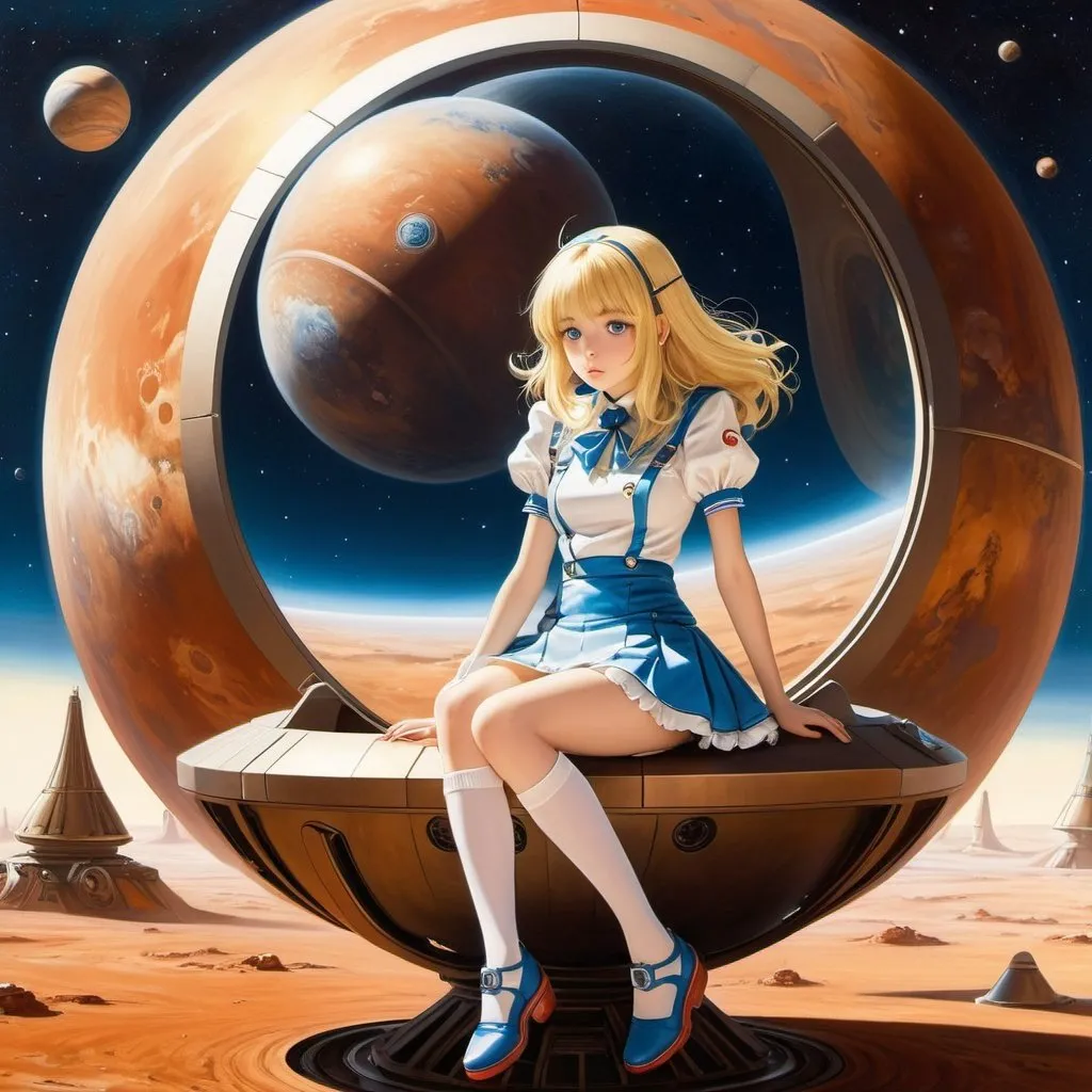 Prompt: Richard Denison Taylor, Yoshiyuki Takani, Surreal, mysterious, strange, fantastical, fantasy, Sci-fi, Japanese anime, beautiful miniskirt blonde girl Alice sitting on a Mars-like sphere deep in her thought, perfect voluminous body, galactic spaceship, detailed masterpiece 