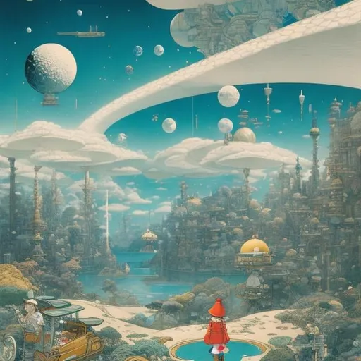 Prompt: Katsuhiro Otomo, Maurice Sendak, Kay Nielsen, Japanese Anime, Surreal Mysterious Weird Fantastic Sci-fi Fantasy Fantasy, Golfing on Moon surface, Girl Alice, Ramen Stall, Cat Playing Golf Standing on Two Legs, Hole in One, hyperdetailed high resolution high definition high quality masterpiece fine lines