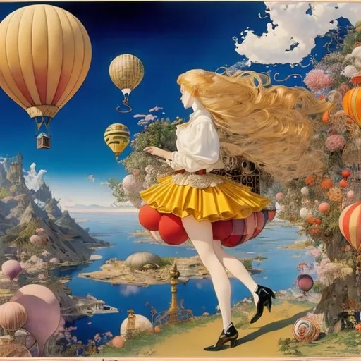 Prompt: Michael Kaluta, Koloman Moser, Surreal, mysterious, strange, fantastical, fantasy, Sci-fi, Japanese anime, the labyrinth on earth and the paradise of the mind, inside the box, miniskirt blond girl Alice in a balloon ride, perfect voluminous body, detailed masterpiece 