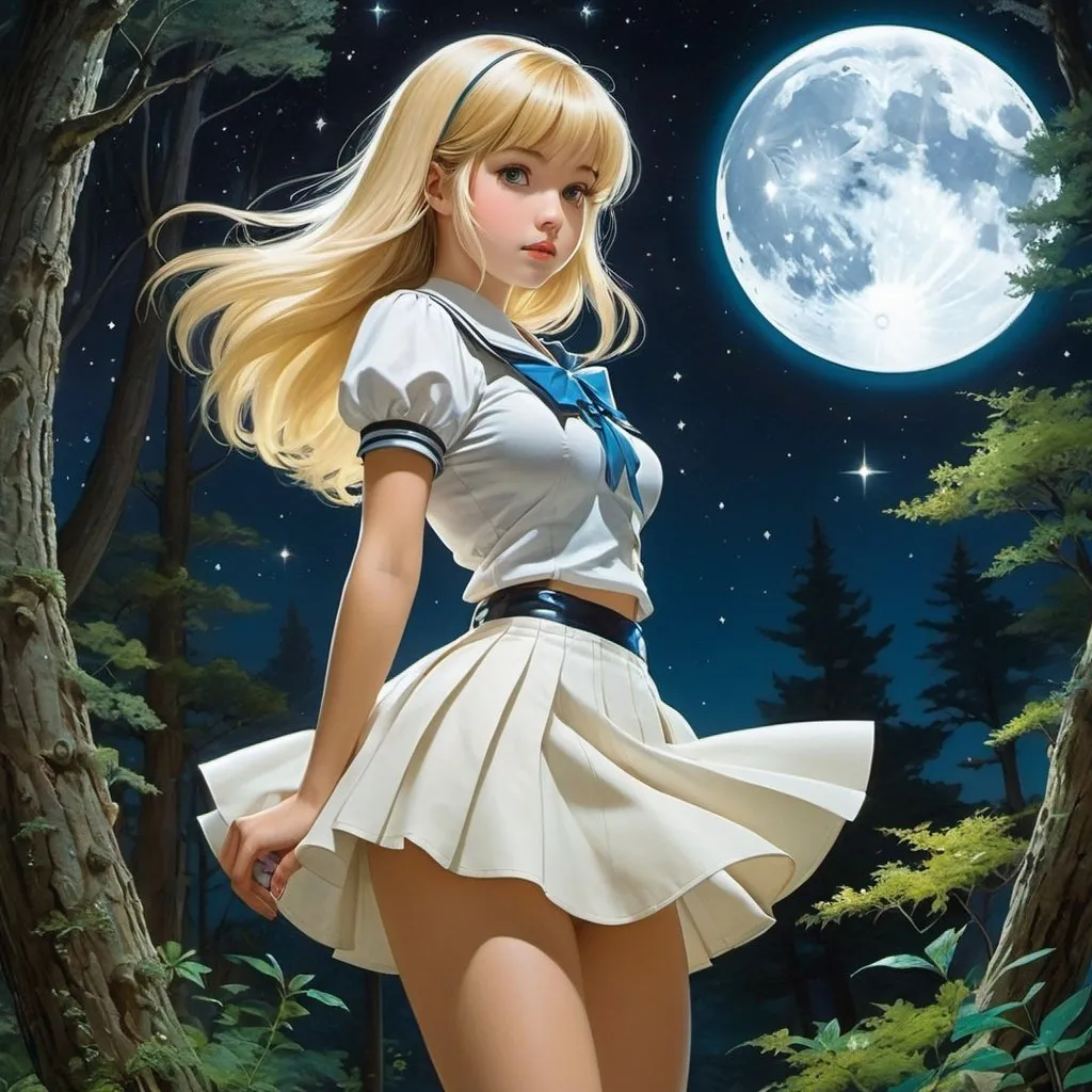 Prompt: George Gross, A E Marty, Surreal, mysterious, strange, fantastical, fantasy, Sci-fi, Japanese anime, moon ship in the forest of stars, night imagination, beautiful blonde miniskirt girl Alice, perfect voluminous body, detailed masterpiece 