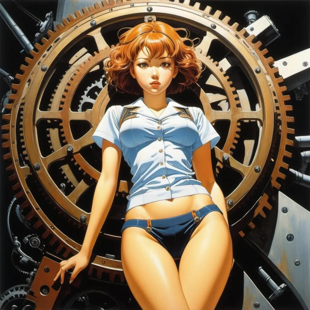 Prompt: Francis Picabia, katsuhiro Otomo, Satoshi Kon, Kazuma Kodaka, Cristian Eres, Surrealism, wonder, strange, bizarre, fantasy, Sci-fi, Japanese anime, living machine in the darkness, lying gears, miniskirt beautiful high school girl, perfect voluminous body, detailed masterpiece 