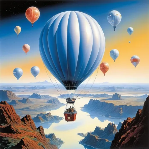 Prompt: Hiroshi Masumura, Hajime Sorayama, Naoyuki Kato, Carel Weight, Jim burns, Surrealism, wonder, strange, bizarre, fantasy, Sci-fi, Japanese anime, balloon engineering, stratospheric balloons used for scientific observation and space technology development, planetary balloons suspended on planets with atmospheres other than Earth, such as Mars and Venus, membrane structures under enormous pressure. Beautiful girl in machine clothes, perfect voluminous body, detailed masterpiece 