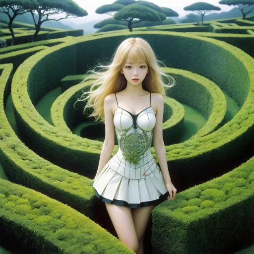 Prompt: Yoshitaka Amano, Elenore Abbott, Surreal, mysterious, strange, fantastic, fantasy, Sci-fi, Japanese anime, melancholy of Saturn, melancholy of geometry, birth of perspective, topiary garden labyrinth or hedge maze, miniskirt dress beautiful girl, perfect voluminous body, detailed masterpiece 