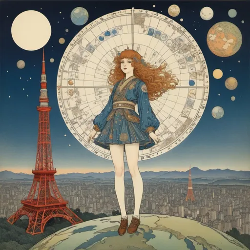 Prompt: Annie French, Richard Doyle, A E Marty, George Barbier, Ivan bilibin, Edmund Dulac, Surrealism, wonder, bizarre, fantastical, fantasy, Sci-fi, Japanese anime, mathematical analysis of celestial bodies in the celestial sphere, that is, how to calculate the orbits of celestial bodies such as the sun, moon, planets, etc., cosmology, miniskirt beautiful high school girl, perfect voluminous body, touring Tokyo Tower, hand coloured drawings detailed masterpiece 