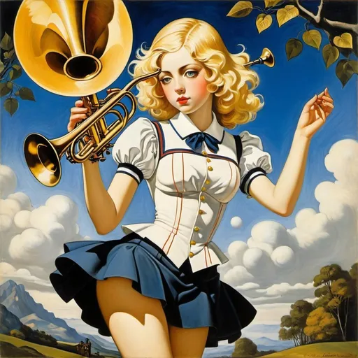 Prompt: Francis Picabia, Nicolas De Crecy, Surreal, mysterious, bizarre, fantastical, fantasy, Sci-fi, Japanese anime, Gabriel's Trumpet, thought experiment, blonde miniskirt beautiful girl Alice, perfect voluminous body, detailed masterpiece 