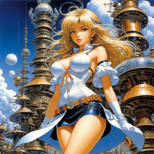 Prompt: Masamune Shirow, Ann Anderson, Surreal, mysterious, bizarre, fantastical, fantasy, Sci-fi, Japanese anime, beautiful miniskirt girl travels through a strange world of mathematics, perfect voluminous body, high dimensions, randomness, cosmic music, chess, chaos and fractals, prime numbers, the concept of infinity, detailed masterpiece 