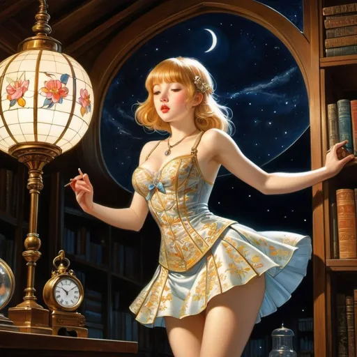 Prompt: Peg Maltby, Harold Gaze, Leonard William French, Surreal, mysterious, strange, fantastic, fantasy, Sci-fi, Japanese anime, Jewels in the Attic, Singing in the Midnight, Miniskirt Beautiful Girl in the Book of Hours, perfect voluminous body, detailed masterpiece 