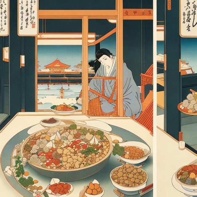 Prompt: Ukiyo-E, Jean Giraud, Heath Robinson, Dumplings are an ancient modern food, the surprising relationship between the Great Buddha and fava beans, Oden, a tofu dish that has undergone a major transformation, and Ganmodoki, an Islamic confectionery, hyperdetailed high quality high definition high resolution masterpiece 