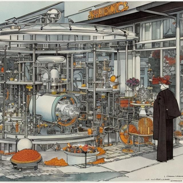 Prompt: Heath Robinson　wondrous　strange　Whimsical　surreal　humor　absurderes　fanciful　Sci-Fi Fantasy　Lunar accelerator　Soft Machine　Time for Us　Star EatinG, colour 