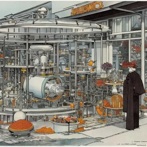 Prompt: Heath Robinson　wondrous　strange　Whimsical　surreal　humor　absurderes　fanciful　Sci-Fi Fantasy　Lunar accelerator　Soft Machine　Time for Us　Star EatinG, colour 