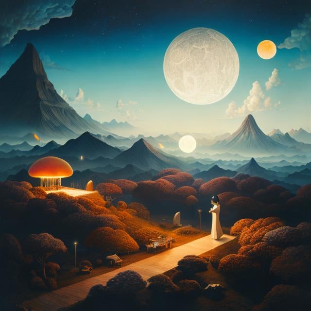 Prompt: GEOFF DIEGO LITHERLAND, Yasuko Sakata,  Surreal, mysterious, strange, fantastical, fantasy, Sci-fi, Japanese anime, night of plastic models, under the crescent moon, detailed masterpiece 