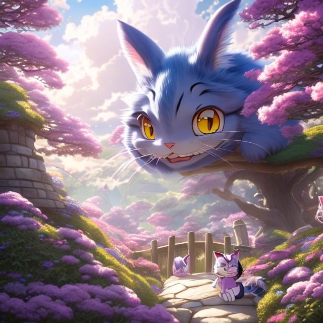 Prompt: Hayao Miyazaki Japanese Anime　m Girl Alice　Study room at home　Door opens and the Cheshire Cat peeks in Hyper detailed high resolution high quality high definition masterpiece