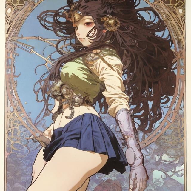 Prompt: Masamune Shirow, Alphonse mucha, Surreal, mysterious, strange, fantastical, fantasy, Sci-fi, Japanese anime, diversity in the basic structure of the universe, Celestial Cage, beautiful high school girl in miniskirt, perfect voluminous body, detailed masterpiece 