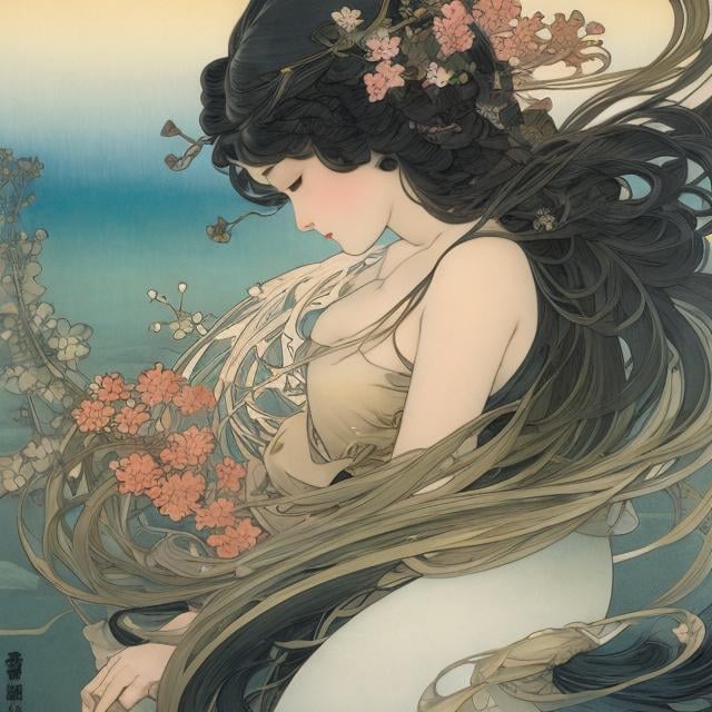 Prompt: Hokusai, Kate Greenaway, Masamune Shirow, Alphonse Mucha, Mabel Attwell, Japanese anime, mysterious strange fantastic sci-fi fantasy, beautiful girl Alice, perfect body, newton’s cradle, candle, big wave, detailed high resolution high definition high quality masterpiece,