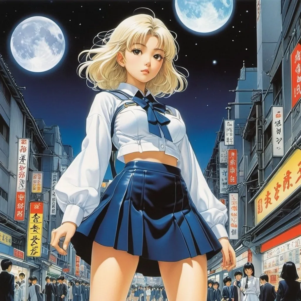 Prompt: Franz Karl Delavilla, Andreas Untersberger, Moto Hagio, Chiho Saito, Moriz Jung, Surrealism Mysterious Bizarre Fantastic Fantasy Sci-fi, Japanese Anime, Digging the Moonlight Crystal Vein, Tokyo Underground, Miniskirt Beautiful High School Girl, perfect voluminous body, detailed masterpiece 