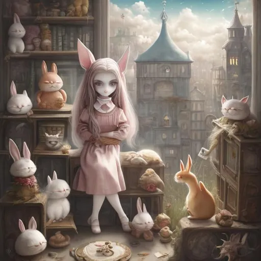 Prompt: Nicoletta Ceccoli, Tula Lotay, Surreal, mysterious, bizarre, fantastical, fantasy, Sci-fi, Japanese anime, Alice, a beautiful blonde girl in a miniskirt in the classroom, her classmates, a rabbit and a cat, and a Western-style dragon outside the window.Anotherworldly scenery, detailed masterpiece 