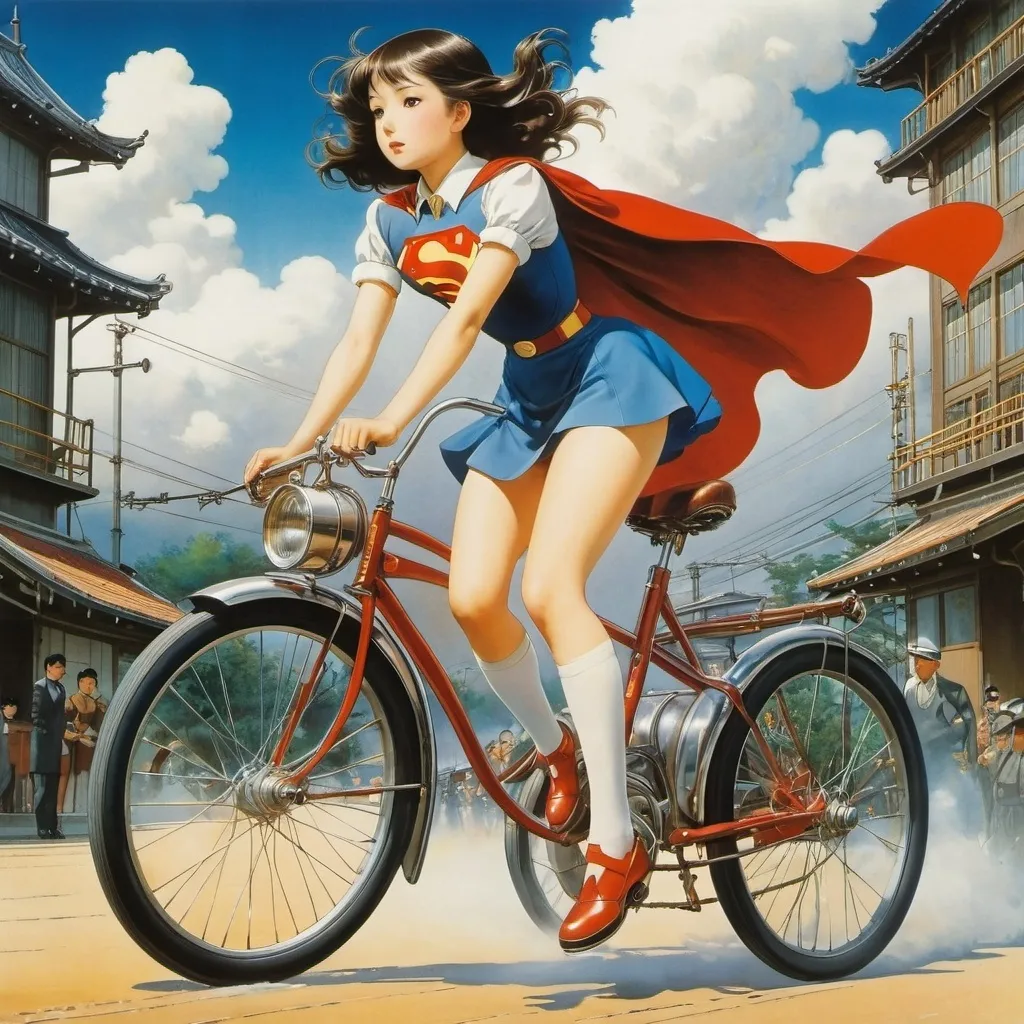 Prompt: Tadeusz Gronowski, Mitsumasa Anno, Yoshitaka Amano, Kay Chorao, Mabel
Attwell, Surrealism, wonder, strange, bizarre, fantasy, Sci-fi, Japanese anime, love and steam engine bicycle race, super man and miniskirt beautiful high school girl, perfect voluminous body, detailed masterpiece 