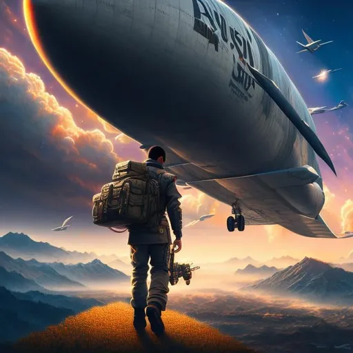 Prompt: Christian Riese Lassen, Japanese Anime, Surreal Mysterious Weird Fantastic Fantasy Sci-Fi, Night Flight, Entropy at Dawn, Man Carrying a Japanese Pattern on his back, Airship,vibrant colors, girl, masterpiece, sharp focus, best quality, depth of field, cinematic lighting, detailed, high resolution definition 