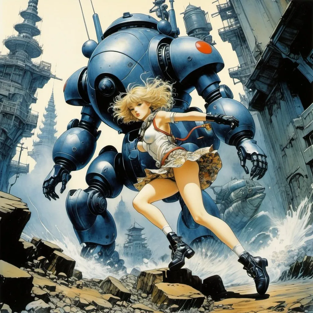 Prompt: Katsuhiro Otomo, Arthur Rackham, Surreal, mysterious, strange, fantastical, fantasy, Sci-fi, Japanese anime, miniskirt combat beautiful girl fighting earthquake catfish, perfect voluminous body, mechanical battle suit, coming from underground, detailed masterpiece 