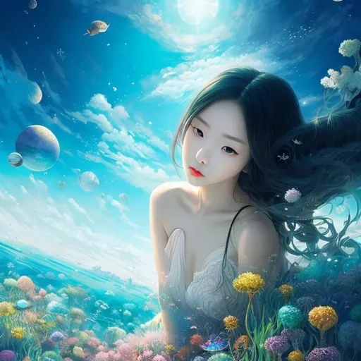 Prompt: Mihona Fujii, Manuel Orazi, Surreal, mysterious, strange, fantastical, fantasy, Sci-fi, Japanese anime, the infinite library in your head, the miniskirt beautiful girl who breaks the sea of ​​glass, detailed masterpiece perspectives angles
