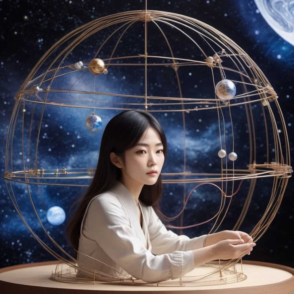 Prompt: Inger Edelfeldt, Takeo Takei, Surreal, mysterious, strange, fantastical, fantasy, Sci-fi, Japanese anime, beautiful girl who builds a wire model of the celestial sphere, perfect voluminous body, space development era, detailed masterpiece 