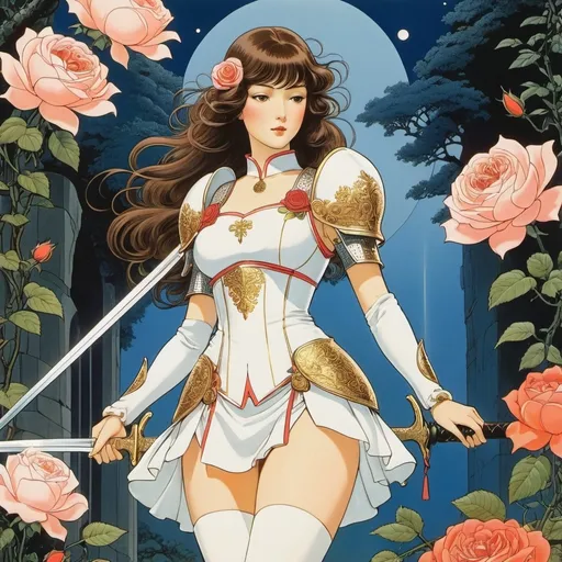 Prompt: George Barbier, John Held, Jr, Aimée de Jongh, Chiho Saito, Cecile Walton, Surrealism Mysterious Weird Fantastic Fantasy Sci-fi, Japanese Anime, The Tale of the Rose and the Sword Various Stones Mini Skirt Beautiful Female Knight, perfect voluminous body, detailed masterpiece 