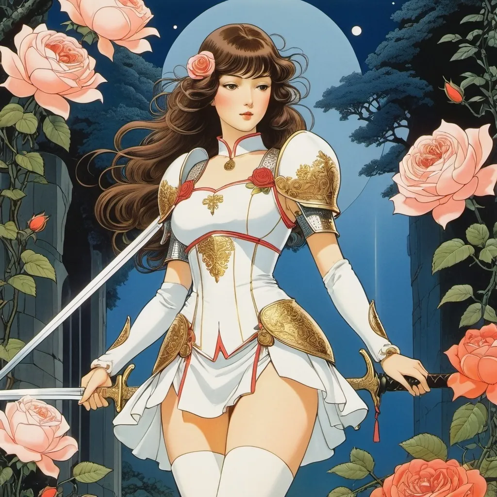 Prompt: George Barbier, John Held, Jr, Aimée de Jongh, Chiho Saito, Cecile Walton, Surrealism Mysterious Weird Fantastic Fantasy Sci-fi, Japanese Anime, The Tale of the Rose and the Sword Various Stones Mini Skirt Beautiful Female Knight, perfect voluminous body, detailed masterpiece 