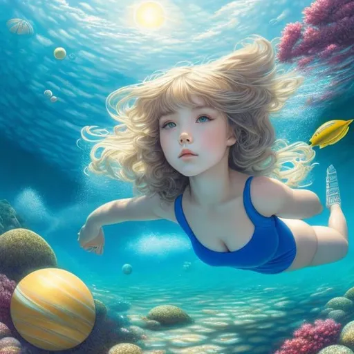Prompt: Christian Riese Lassen, Kate Greenaway, James Jean, Japanese Anime, Surreal Mysterious Bizarre Fantastic Sci-Fi Fantasy, Solar System Sinking to the Bottom of the School Pool, School Swimsuit High School Girl,  Perfect Body Beautiful Girl, hyper detailed, high resolution high definition high quality masterpiece 