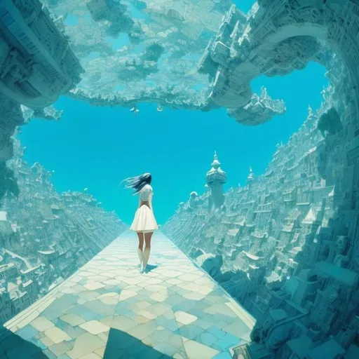 Prompt: James Jean, m c Escher, surreal, mysterious, strange, fantastical, fantasy, Sci-fi fantasy anime, perspective as a “symbolic form” Miniskirt girl, perspective view, perfectly rational space = infinite, continuous homogeneous space, ancient curved perspective , the establishment of planar perspective during the Renaissance, and its various developments since the modern era.The spatial and worldviews of the era are understood broadly in correspondence with the history of the human spirit. Art history/cognitive science/architectural theory, detailed masterpiece 