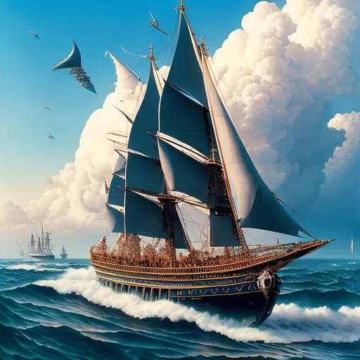 Prompt: Duncan Fegredo, Stevan Dohanos, Surreal, mysterious, strange, fantastical, fantasy, Sci-fi, Japanese anime, sea of ​​sky, inversion and reversal, flying sailing ship, miniskirt beautiful girl, perfect voluminous body, detailed masterpiece 